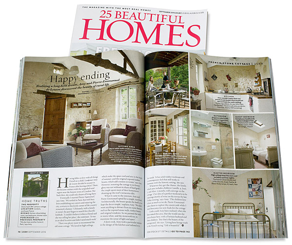 Pages 78 to 79 in the September 2016 issue of 25 Beautiful Homes magazine featuring Amy and Pierre-Emmanuel de Leusse's stone-bulit 18th-century cottage called 'La Petite Maison' on the edge of the charming village called Saint-Orens-Pouy-Petit near Condom.