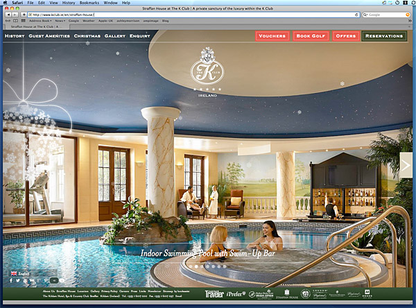 The home page showing the swimming pool in Straffan House on the K Club's website.
