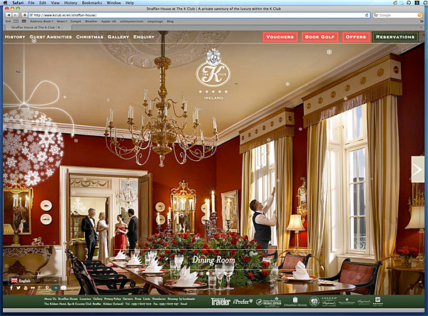 The home page showing the dining room in Straffan House on the K Club's website.