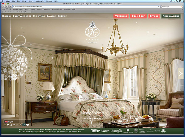 The home page showing the Master bedroom in Straffan House on the K Club's website.
