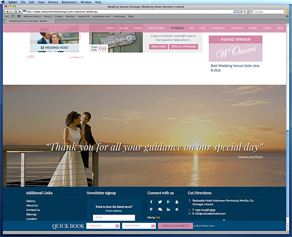 Screenshot of the wedding page on the Redcastle hotel's website.